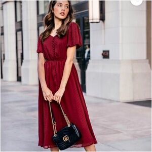 Jessakae burgundy Highbury elegant dress with puffed sleeves and front buttons